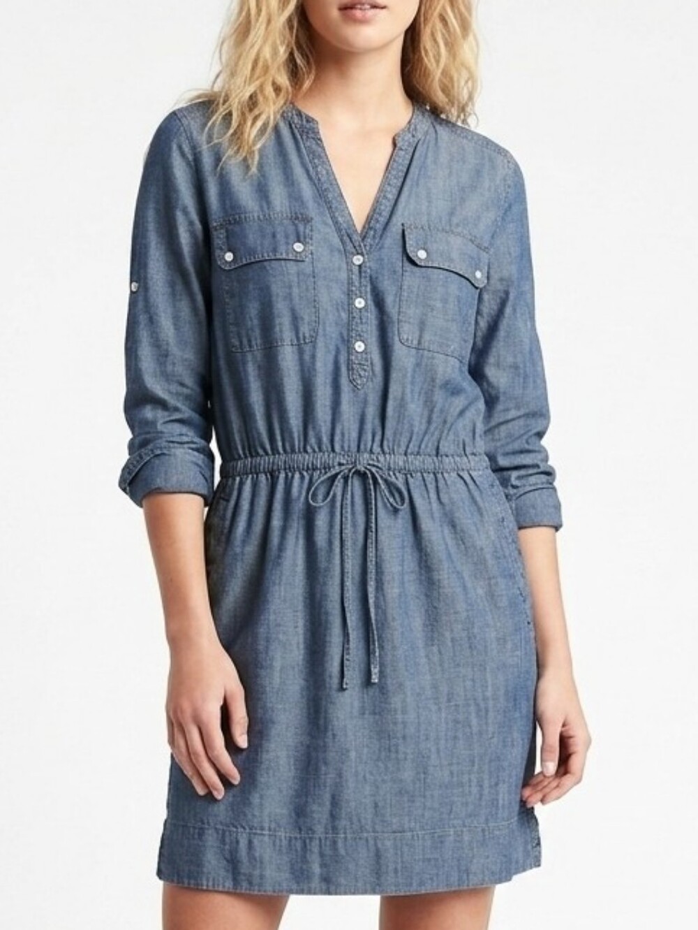 GAP Shirt Dress Pockets Chambray Utility Indigo Blue XS